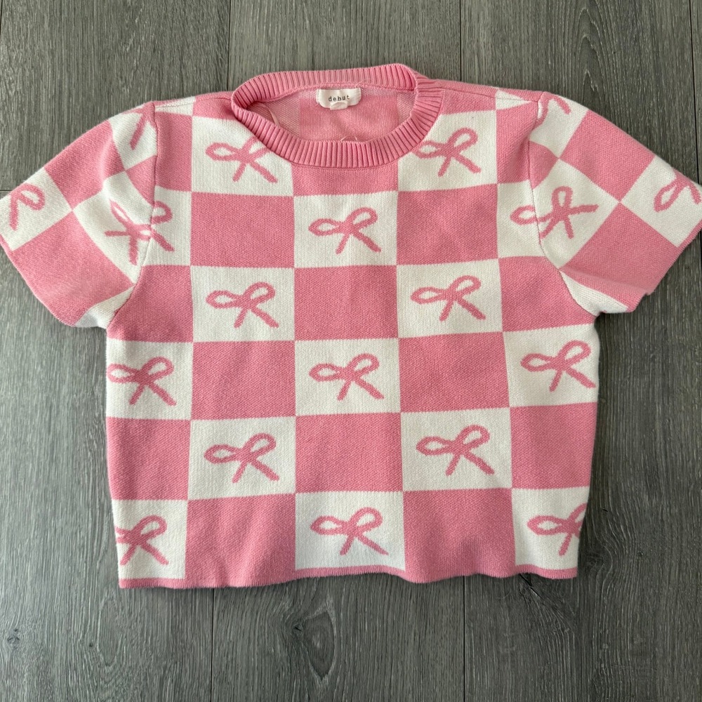 Debut Pink‎ White Checkered Bow Knit Sweater Top Women's Size M